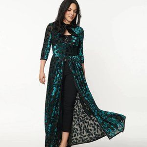 Unique Vintage Teal Green Devore Velvet Tallullah Duster - L/10-12